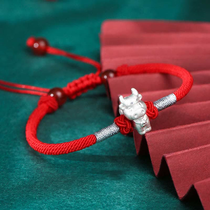Braccialetto in corda rossa con Buddha Stones in argento sterling 999, zodiaco cinese, fortuna e forza - Bue (misura del braccialetto 15,5 cm + 8 cm) - image 5