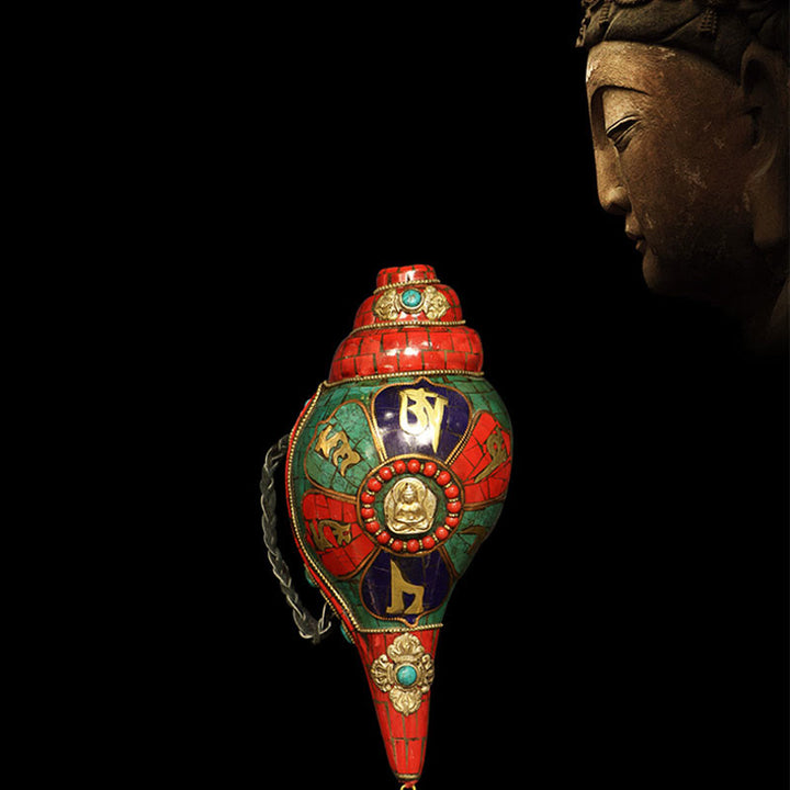 Shankha tibetano fatto a mano Om Mani Padme Hum Buddha Conch Shell Decorazione fortunata