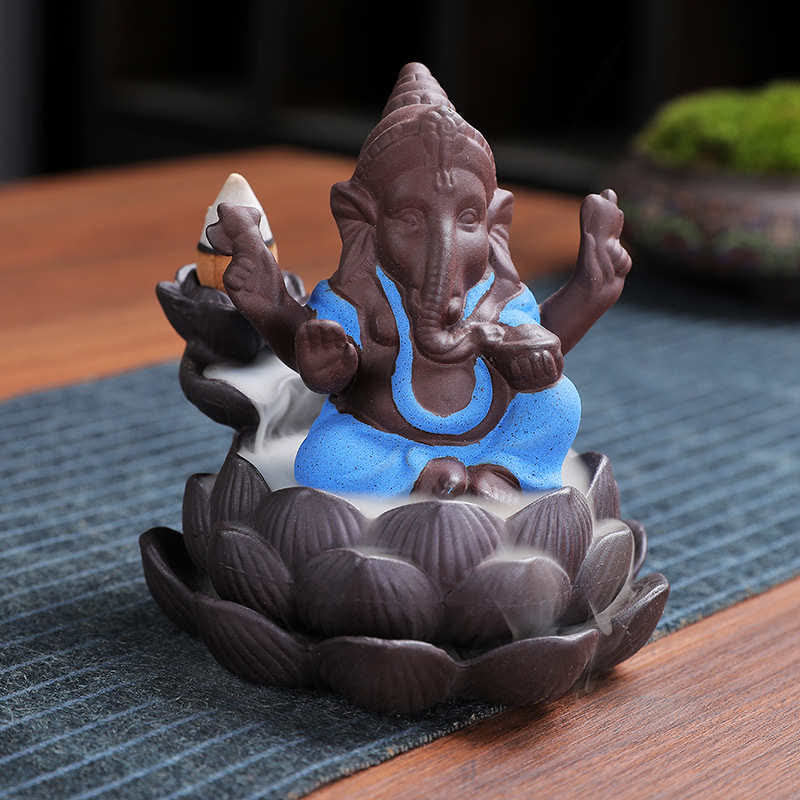 Ganesh Elephant Purple Clay Fontana antiriflusso con fumo Protezione Bruciatore di incenso