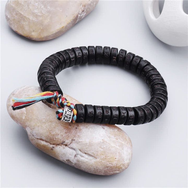 Buddha Stones Perline di guscio di cocco tibetano Braccialetto della felicità con mantra Om Mani Padme Hum inciso
