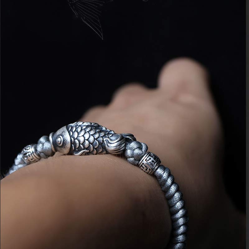 Braccialetto intrecciato con corda in argento Buddha Stones Luck Koi Fish