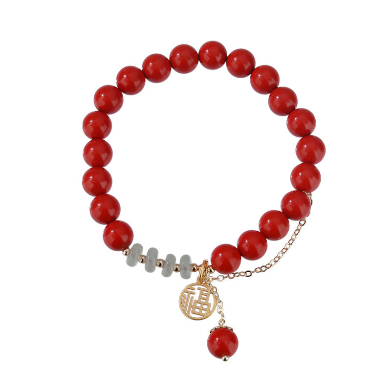 Braccialetto di giada calma con carattere Fu di cinabro e Buddha Stones