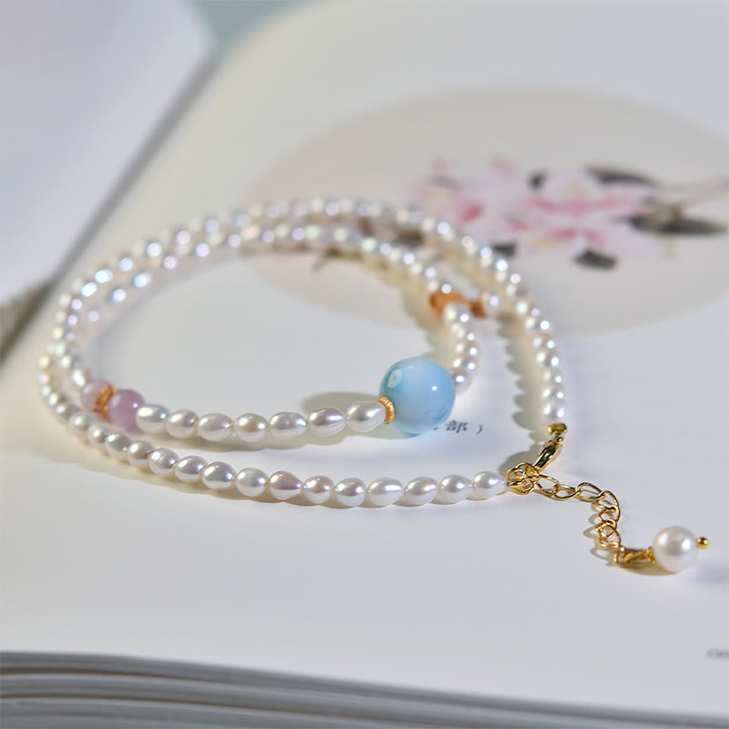 Collana con ciondolo in argento sterling 925 con perle naturali e larimar, motivo: Buddha Stones