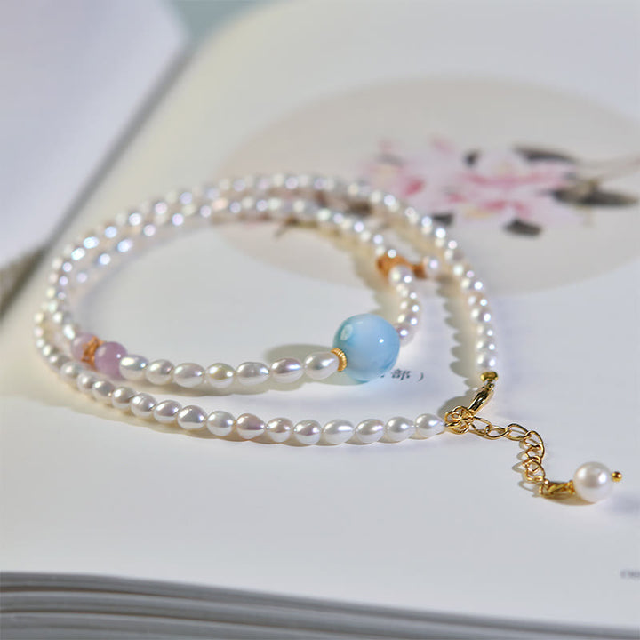 Collana con ciondolo in argento sterling 925 con perle naturali e larimar, motivo: Buddha Stones