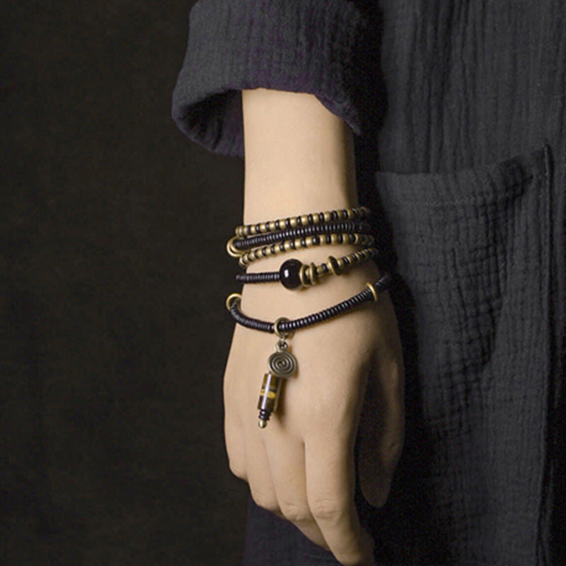 Buddha Stones Legno di ebano Perline Dzi Rame Pace Coppia Bracciale Collana Pendente
