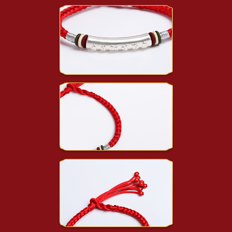 Braccialetto di corda di protezione e forza Om Mani Padme Hum in argento sterling 999 Buddha Stones