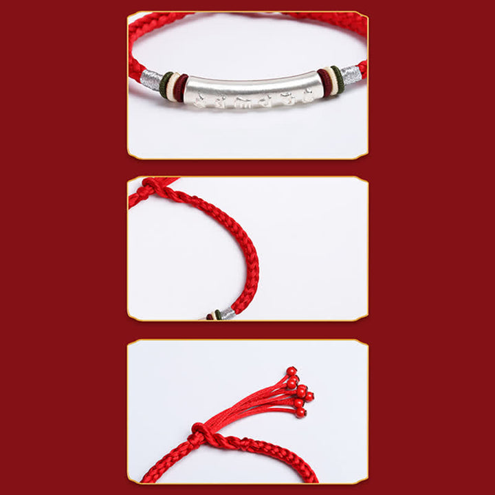 Braccialetto di corda di protezione e forza Om Mani Padme Hum in argento sterling 999 Buddha Stones