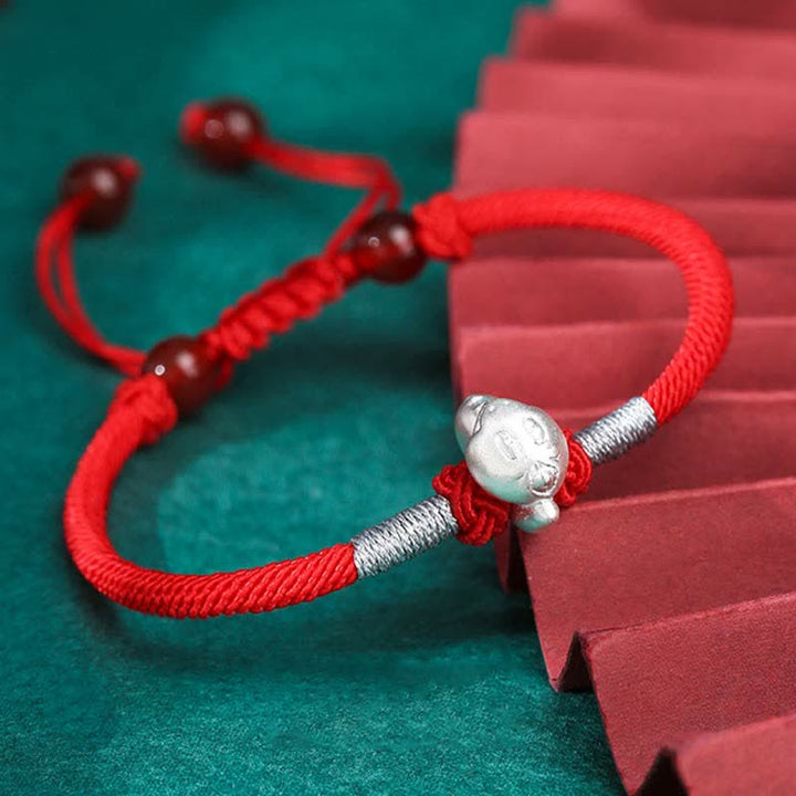 Braccialetto in corda rossa con Buddha Stones in argento sterling 999, zodiaco cinese, fortuna e forza