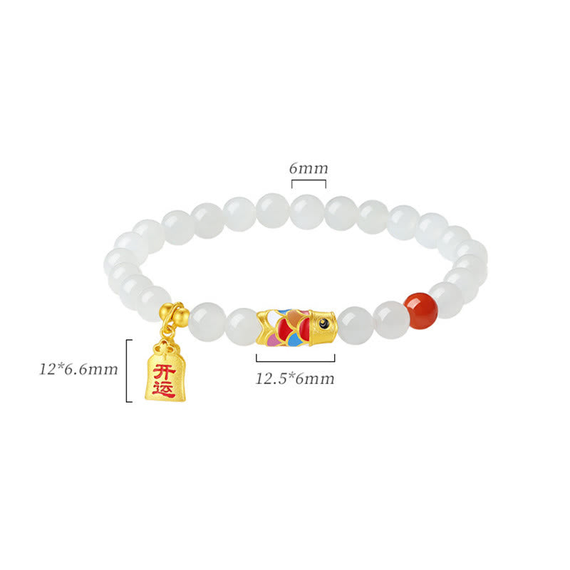 Bracciale Buddha Stones 925 Sterling Silver Hetian Giada Bianca Agata Rossa Koi Pesce Fortuna Felicità