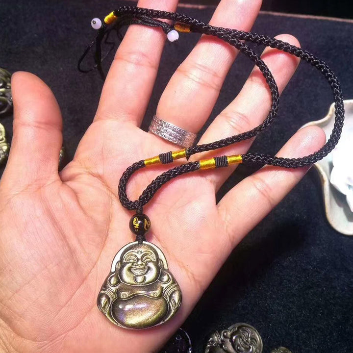 Collana con ciondolo Buddha Stones Laughing Buddha in ossidiana dorata e lucente, ricchezza - Corda - image 4