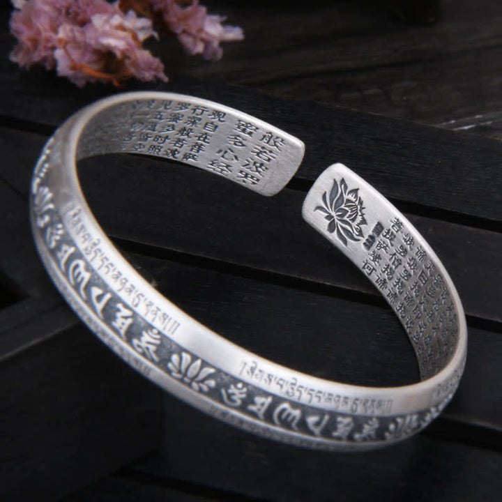 Buddha Stones 999 Sterling Silver Om Mani Padme Hum Cuore Sutra Lotus Peace Bracciale Bangle