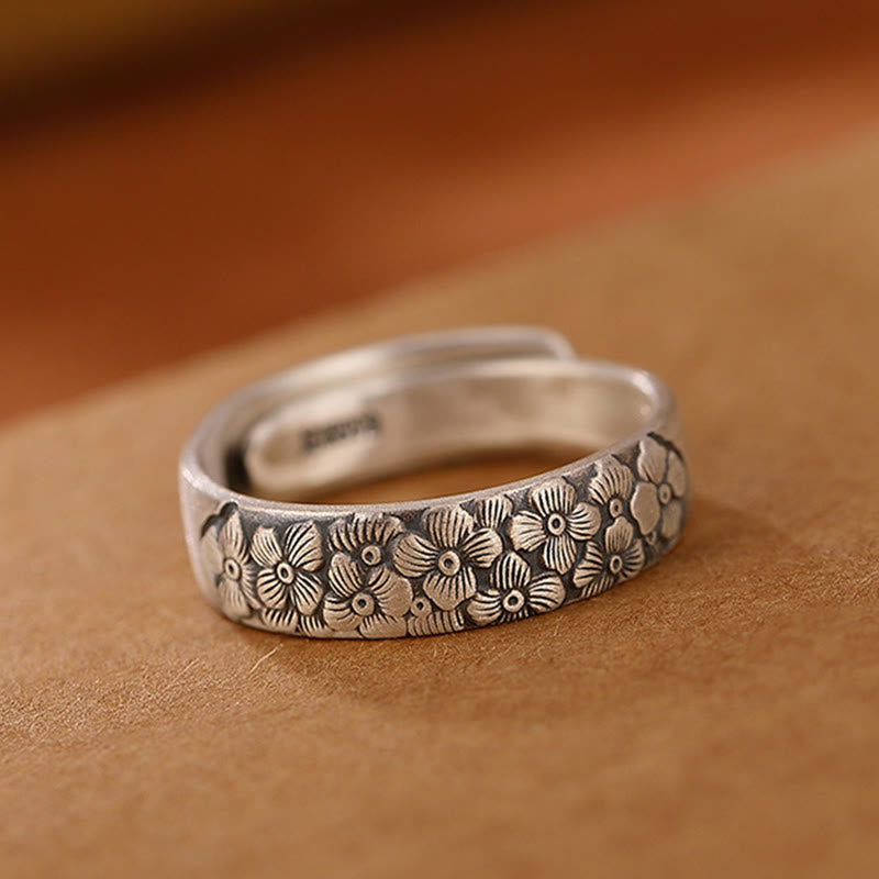 Anello di illuminazione inciso con Buddha Stones in argento sterling 999, fiore di loto, fiore di prugna, nuvole di buon auspicio