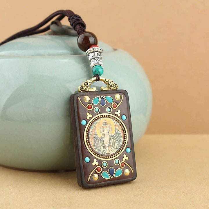 Buddha Stones Tibet Dio della Ricchezza Thangka Ebano Collana Pendente della Pace