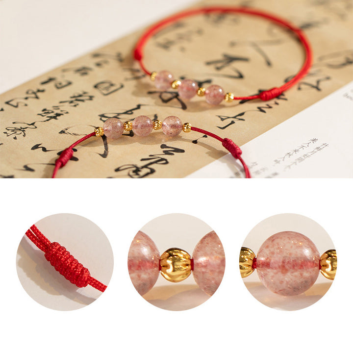Buddha Stones Perline di cristallo di fragola Cavigliera con corda rossa portafortuna