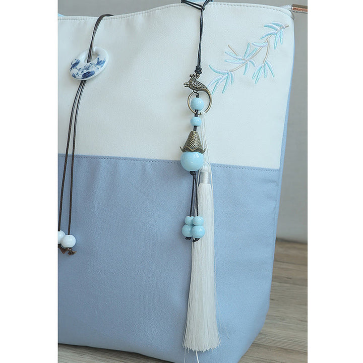 Borsa a tracolla grande capacità in tela con ricamo in bambù, prugna, fiore di pera, pesco - image 24