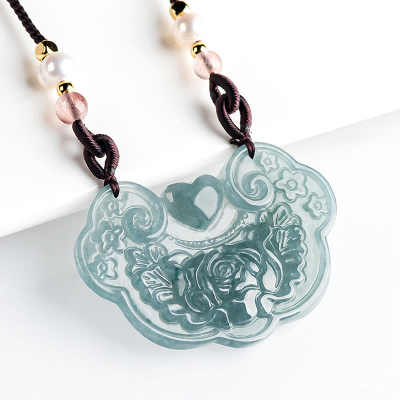 Collana con Buddha Stones a forma di fiore di peonia in giada naturale con ciondolo a forma di lucchetto di buoni auguri e prosperità