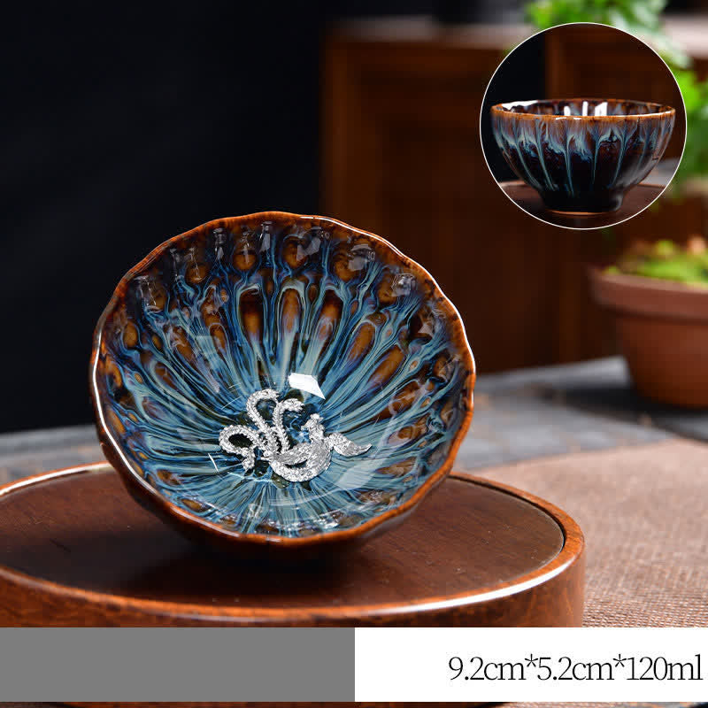 Buddha Stones Lotus Pavone Drago Fenice Koi Pesce Tazza da tè in ceramica Tazze da tè intarsiate 120ml
