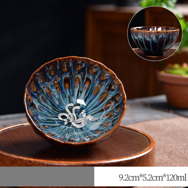 Buddha Stones Lotus Pavone Drago Fenice Koi Pesce Tazza da tè in ceramica Tazze da tè intarsiate 120ml