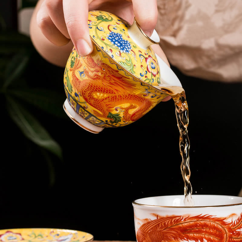 Buddha Stones Dragon Phoenix Flower Design Ceramica Gaiwan Sancai Tazza da tè Kung Fu Tazza da tè e piattino con coperchio
