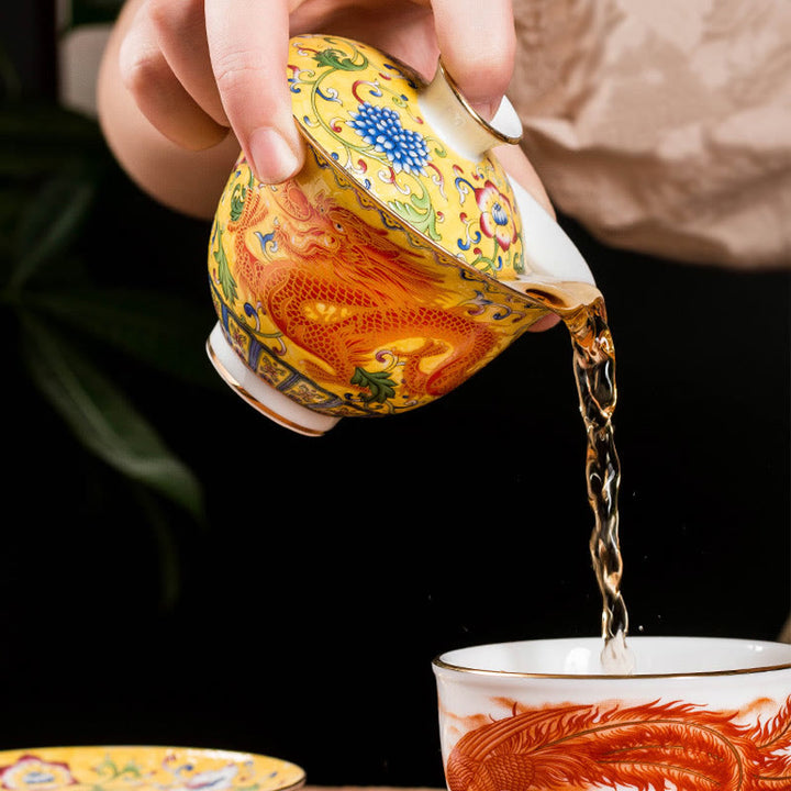 Buddha Stones Dragon Phoenix Flower Design Ceramica Gaiwan Sancai Tazza da tè Kung Fu Tazza da tè e piattino con coperchio