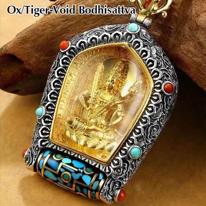 Collana con ciondolo con perline Dzi girevole Tibet Zodiaco cinese Natale Buddha Thangka Prosperità - Bodhisattva del Bue/Tigre-Vuoto - image 5
