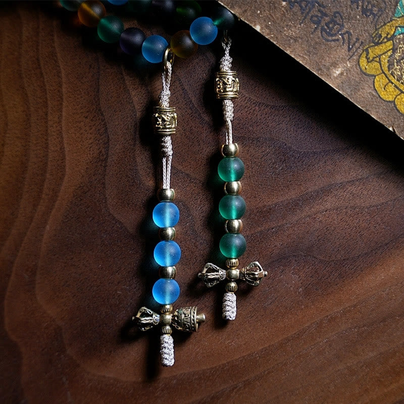 Buddha Stones Tibetano 108 Mala Perline Multicolore Liuli Perline di Vetro Zodiaco Cinese Nove Palazzi Otto Diagrammi Braccialetto con Ciondolo