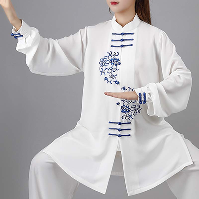Buddha Stones Fiore Ricamo Meditazione Preghiera Spirituale Zen Tai Chi Qigong Pratica Set di Abbigliamento Unisex