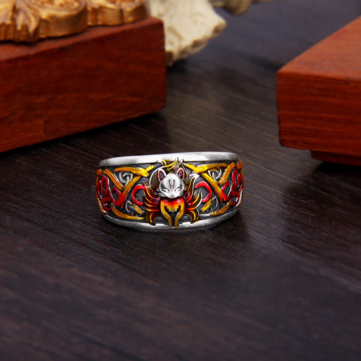 Anello di protezione del successo della volpe a nove code in argento sterling 999 Buddha Stones