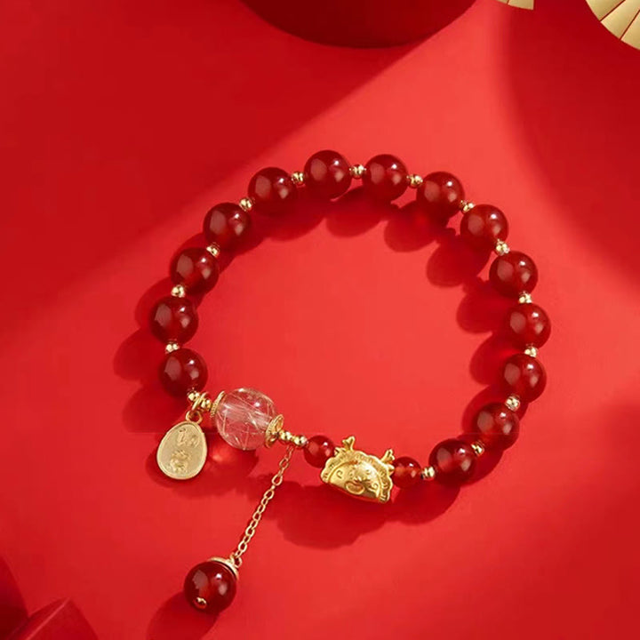 Buddha Stones Anno del Drago Gnocco Agata Rossa Naturale Granato Giada Hetian Fu Carattere Braccialetto Fortuna Successo