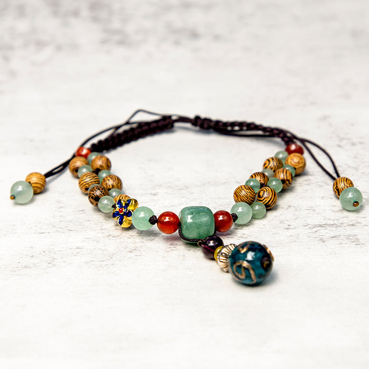 Buddha Stones Wenge Wood Aventurina verde Cavigliera di protezione dell'equilibrio