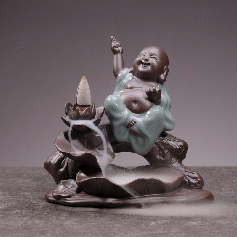 Buddha Stones Piccolo Monaco Ceramica Loto Benedizione Bruciatore Incenso Decorazione