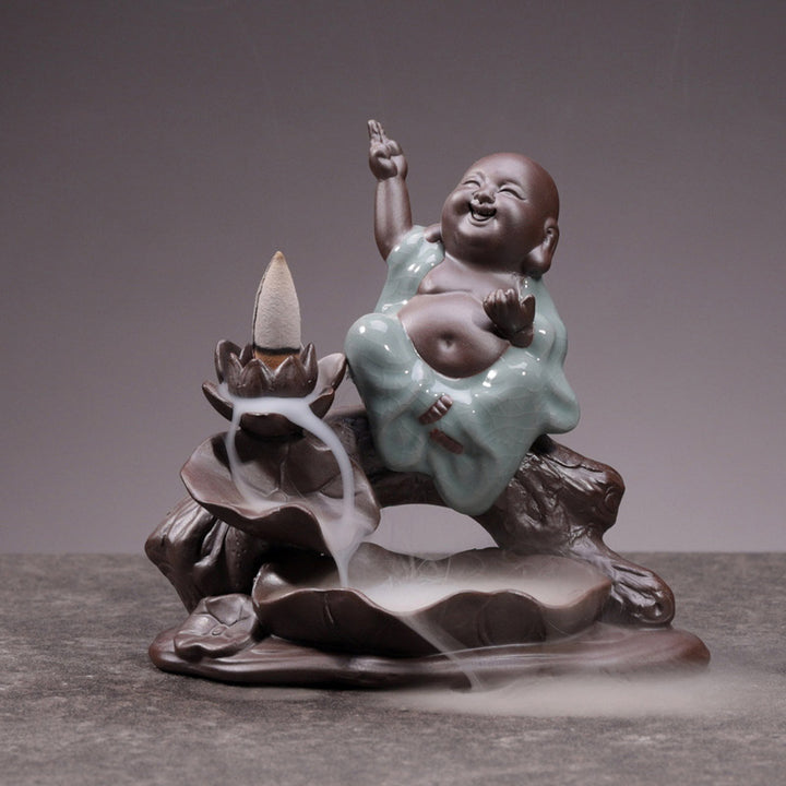Buddha Stones Piccolo Monaco Ceramica Loto Benedizione Bruciatore Incenso Decorazione