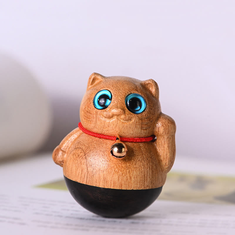 Buddha Stones Mini Gatto Fortunato Gattino Phoebe Zhennan Decorazione di Benedizione del Legno - 3,5*4,4 cm - image 1