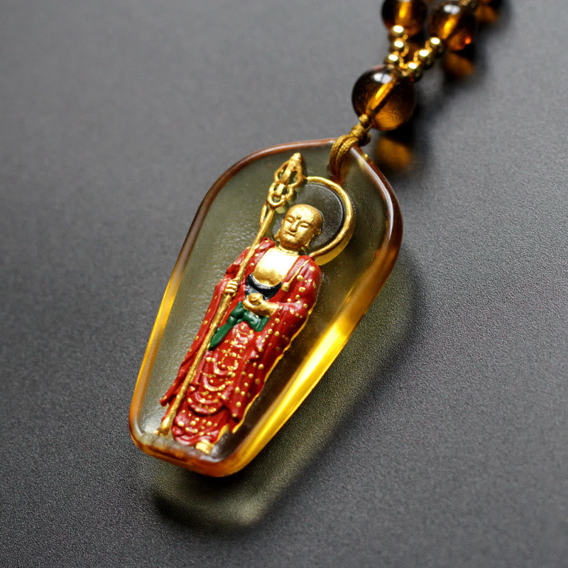 Buddha Stones Collana con ciondolo amuleto della compassione di cristallo Buddha Ksitigarbha Liuli - Ksitigarbha in piedi giallo - image 1