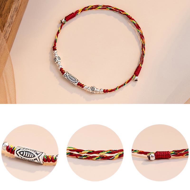Buddha Stones 925 Sterling Silver Luck Koi Fish Braccialetto alla caviglia intrecciato con corda colorata - image 11