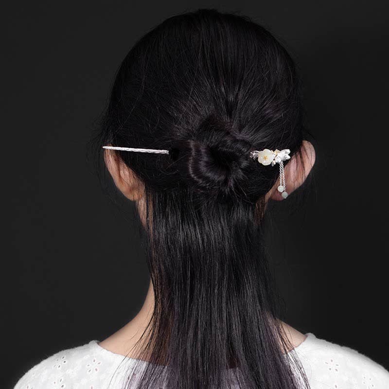 Forcina per capelli con fiore di giada bianca Hetian in argento sterling 925