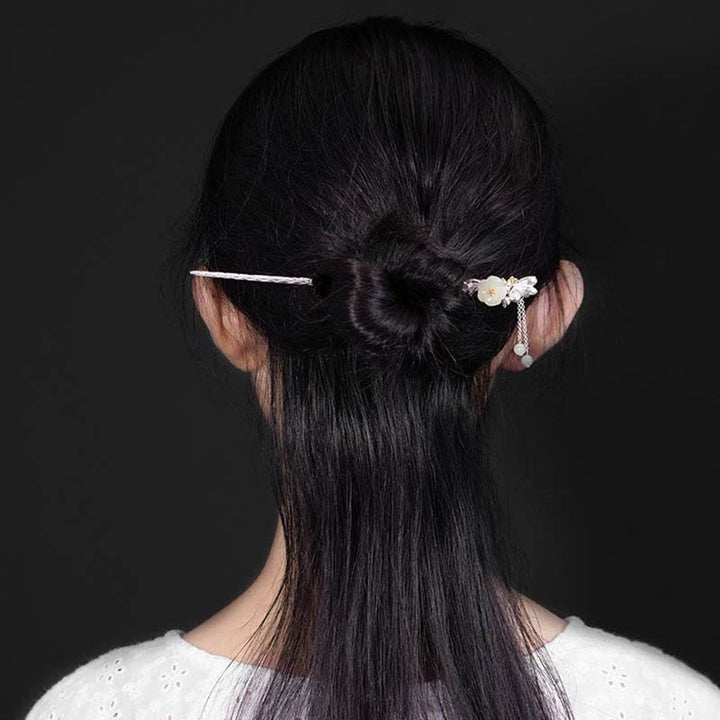 Forcina per capelli con fiore di giada bianca Hetian in argento sterling 925
