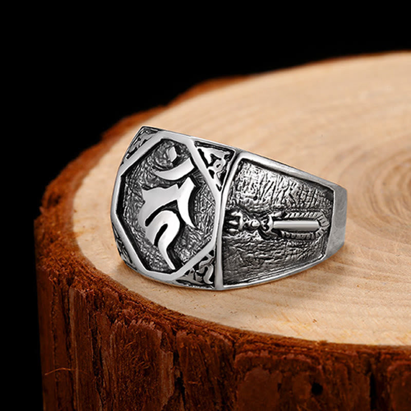 Anello regolabile con protezione intagliata in argento sterling 925 con design sanscrito Buddha Stones
