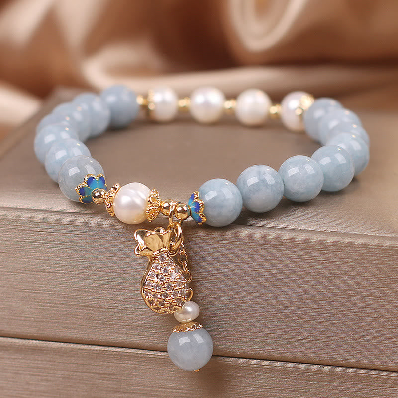 Braccialetto con ciondolo Buddha Stones Aquamarine Pearl Fortune Money Bag