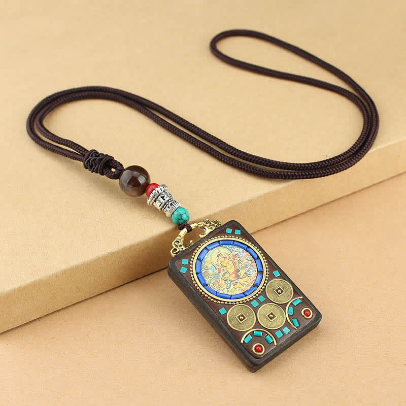 Buddha Stones Tibet Dio della Ricchezza Thangka Ebano Collana Pendente della Pace