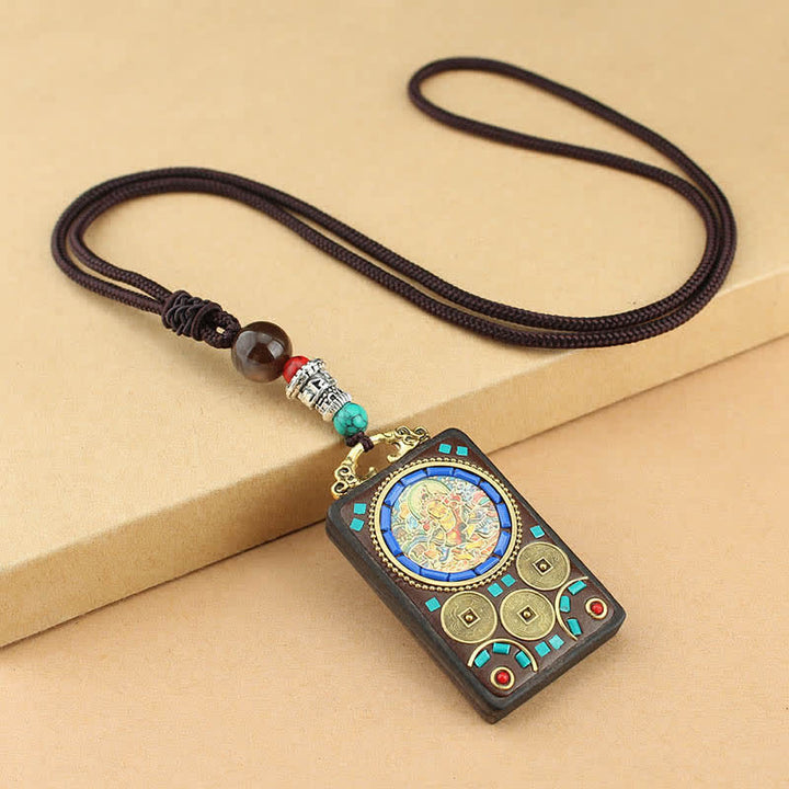Buddha Stones Tibet Dio della Ricchezza Thangka Ebano Collana Pendente della Pace