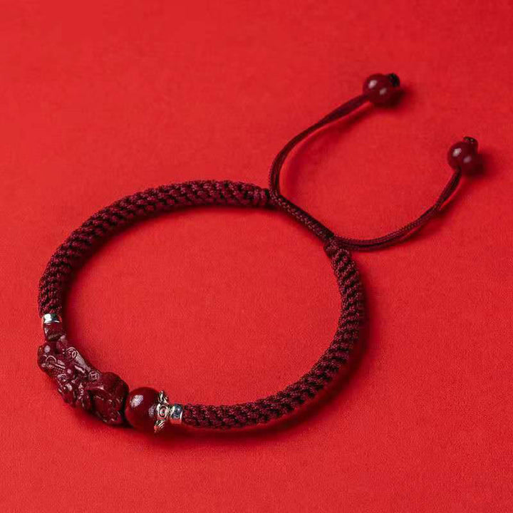 Bracciale intrecciato con Buddha Stones, PiXiu, Cinabro, Ricchezza e Fortuna, fatto a mano - Corda regolabile rosso scuro - 17 cm - image 17