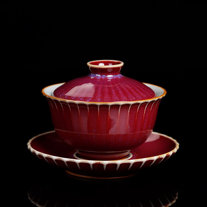 Buddha Stones Retro Glaze Kiln Change Ceramica Gaiwan Sancai Tazza da tè Kung Fu Tazza da tè e piattino con coperchio - Stile Rosso (colore e finitura possono variare) - 11,5 cm * 8,5 cm * 140 ml - image 5