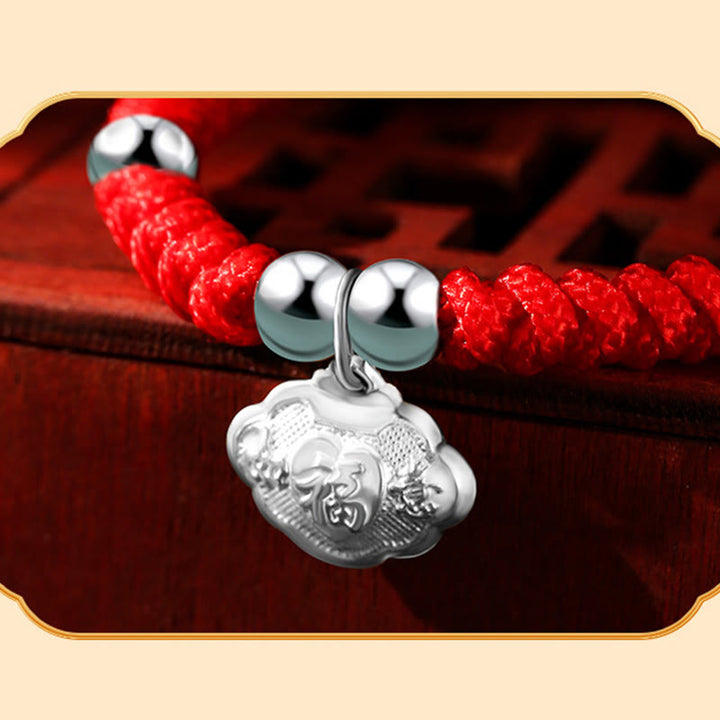 Buddha Stones 925 Sterling Silver Fatto a Mano Fu Carattere Portafortuna Sacchetto di Soldi Cinese Lucchetto Ciondolo Campana Loto Moneta di Rame King Kong Nodo Braccialetto Intrecciato per Bambini