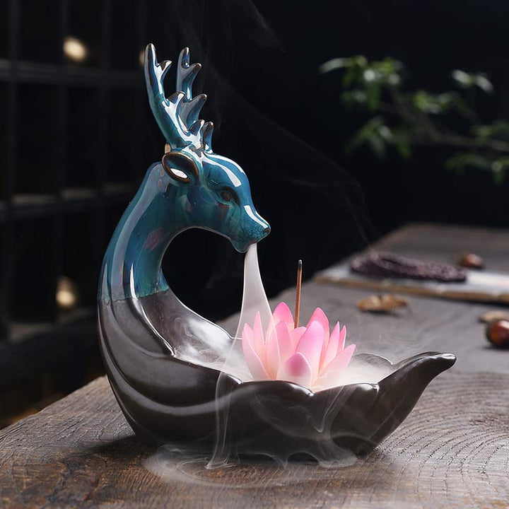 Buddha Stones Piccolo Cervo Ceramica Loto Meditazione Bruciatore Incenso Decorazione