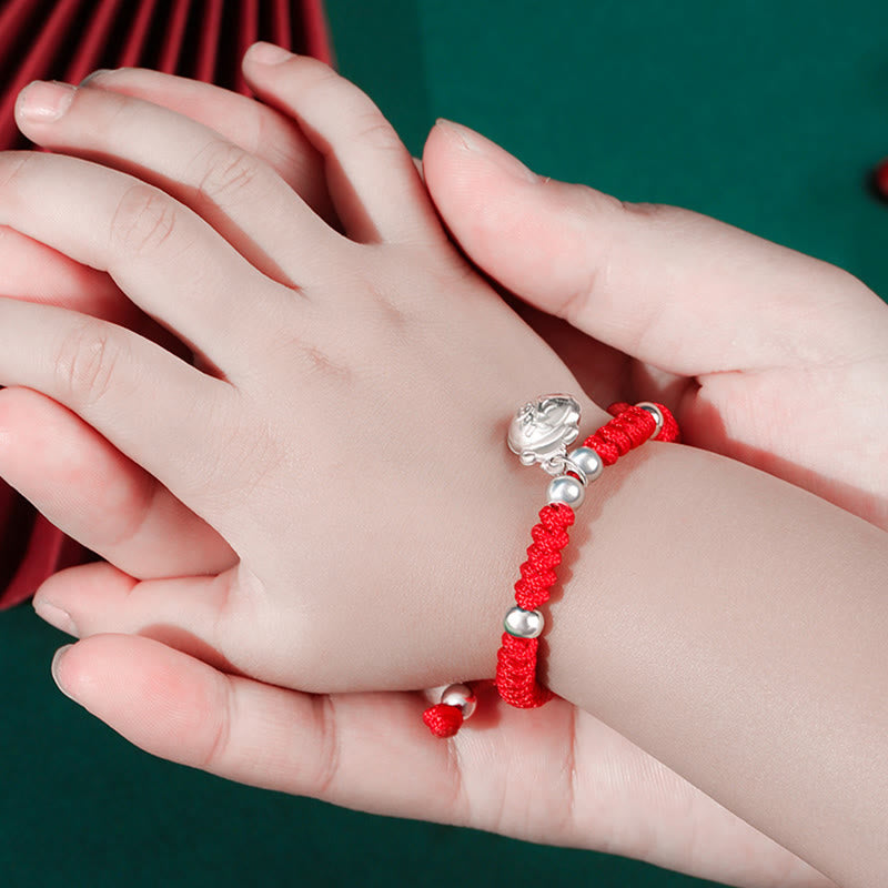 Buddha Stones 925 Sterling Silver Fatto a Mano Fu Carattere Portafortuna Sacchetto di Soldi Cinese Lucchetto Ciondolo Campana Loto Moneta di Rame King Kong Nodo Braccialetto Intrecciato per Bambini