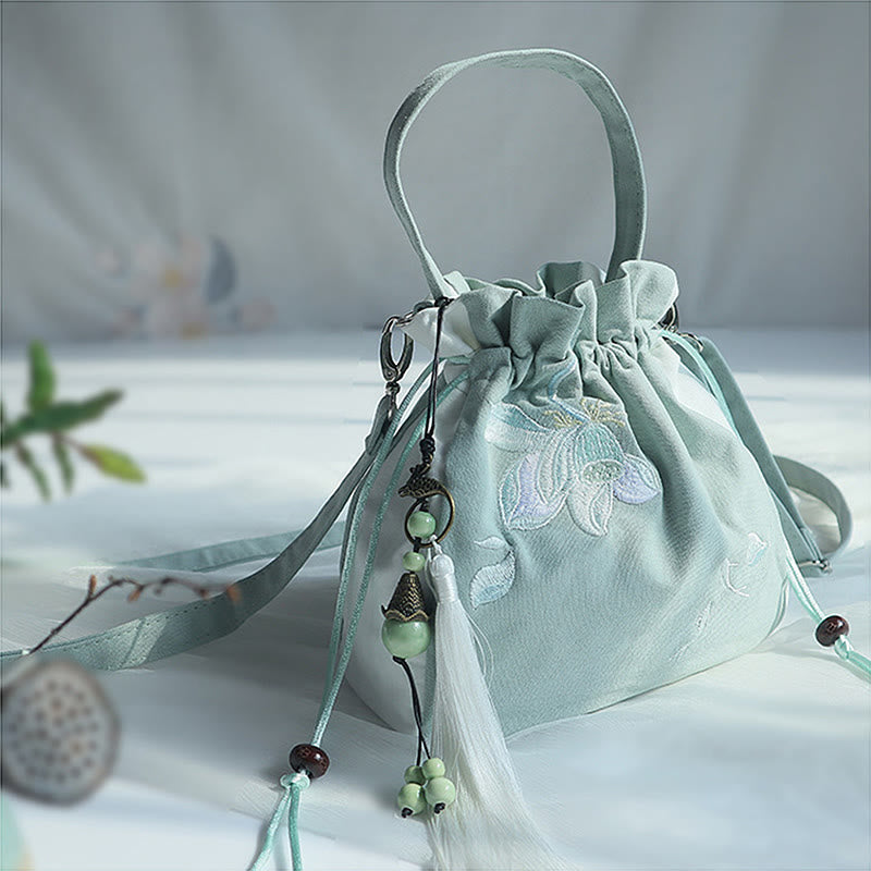 Borsa a tracolla in tela con fiori ricamati a mano con Buddha Stones - Loto verde e bianco 20*20 cm - image 40