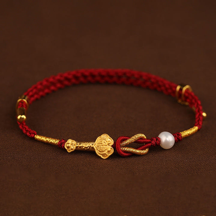 Buddha Stones 24K Oro Desiderio Ruyi Maniglia Fu Carattere Coniglio Perla Fortuna Bracciale Intrecciato - image 1