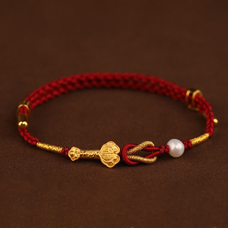 Buddha Stones 24K Oro Desiderio Ruyi Maniglia Fu Carattere Coniglio Perla Fortuna Bracciale Intrecciato - image 1