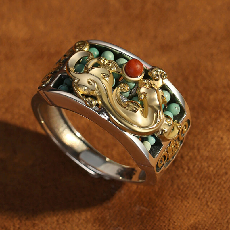 Anello di protezione PiXiu Abacus in argento sterling 925 Buddha Stones e agata rossa turchese